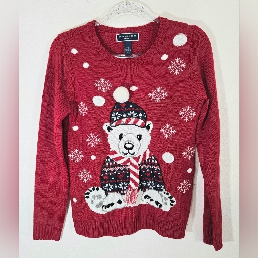 Karen Scott Festive Red Polar Bear Sweater Pom Pom Scarf Winter Christmas, PM